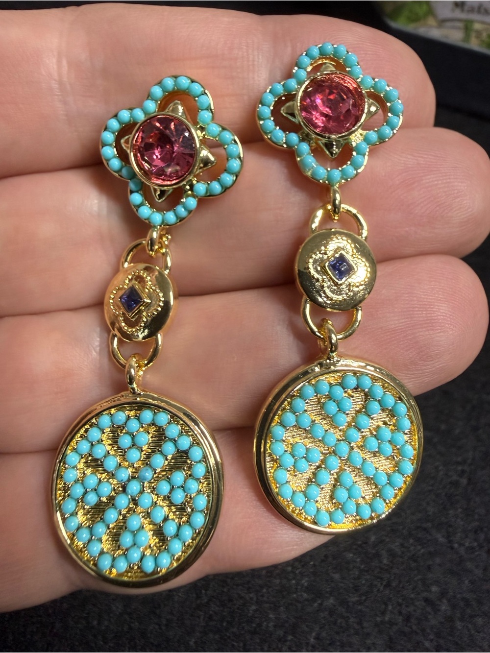 Rare Anthropologie Gold Turquoise Pink Drop Earrings Bohemian Chic Women Jewelry - Picture 5 of 5